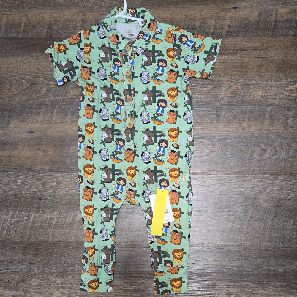 3t Bamboo Kids Short-Sleeve One-Piece Romper in Light Green with Animal Print